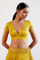 Natasha Luthra in Mustard Yellow Embroidered Cotton Silk Satin Lehenga Set