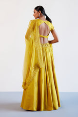 Malaika Arora in Mustard Yellow Embroidered Cotton Silk Satin Lehenga Set