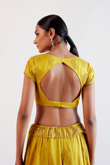 Natasha Luthra in Mustard Yellow Embroidered Cotton Silk Satin Lehenga Set