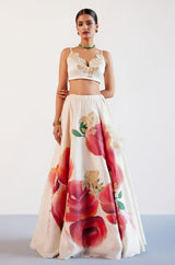 Cream and Red Silk Chanderi Hand-Painted Embroidered Lehenga Set