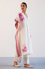 Ivory and Pink Silk Chanderi Hand-Painted Embroidered Kaftan Set