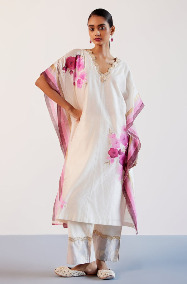 Ivory and Pink Silk Chanderi Hand-Painted Embroidered Kaftan Set