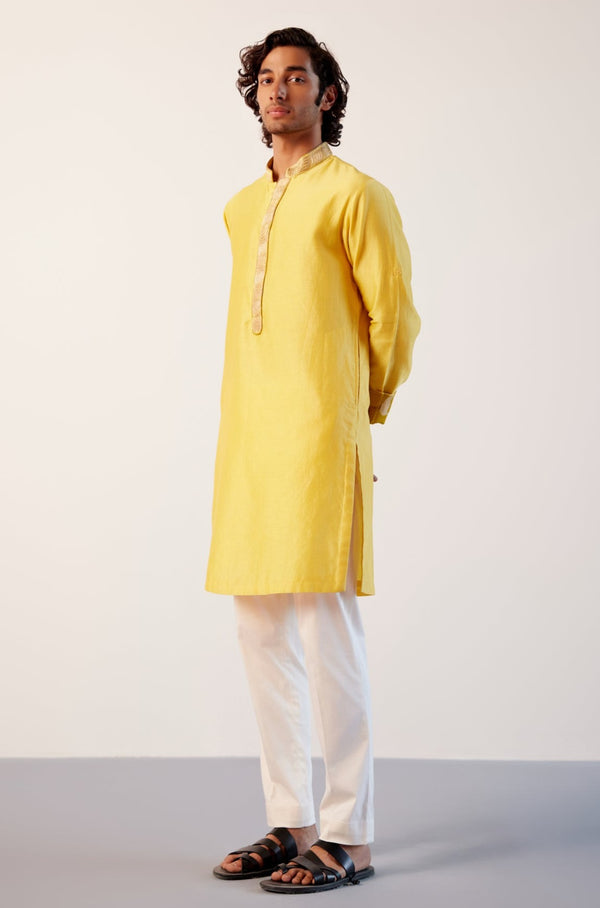 Bright Yellow Silk Chanderi Embroidered Kurta Set