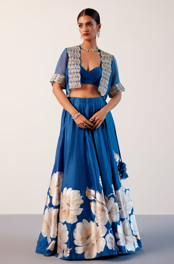 Royal Blue Silk Chanderi Hand-Painted Lehenga and Short Jacket Set