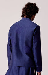 Royal Blue Silk Chanderi Kurta and Embroidered Bundi Set