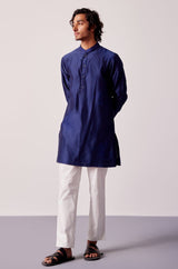 Royal Blue Silk Chanderi Kurta and Embroidered Bundi Set