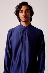 Royal Blue Silk Chanderi Kurta and Embroidered Bundi Set