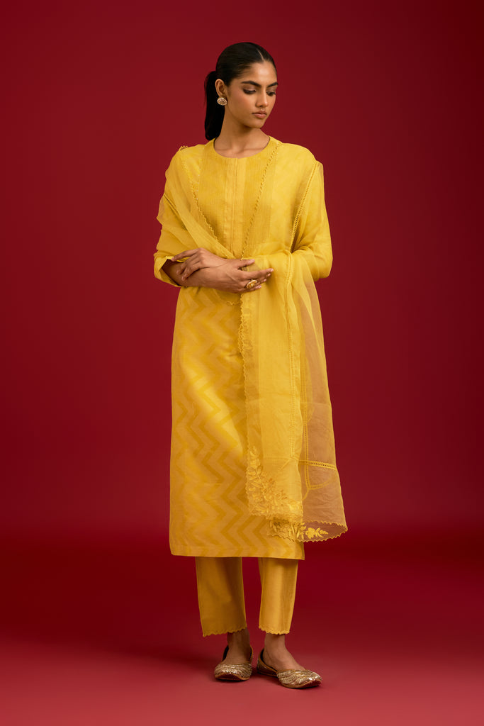 Mustard Cotton Silk Blend Block Printed Kurta Set