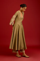 Olive Green Cotton Silk Blend Embroidered Anarkali Set