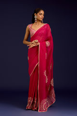 Fuchsia Embroidered Modal Satin Saree Set