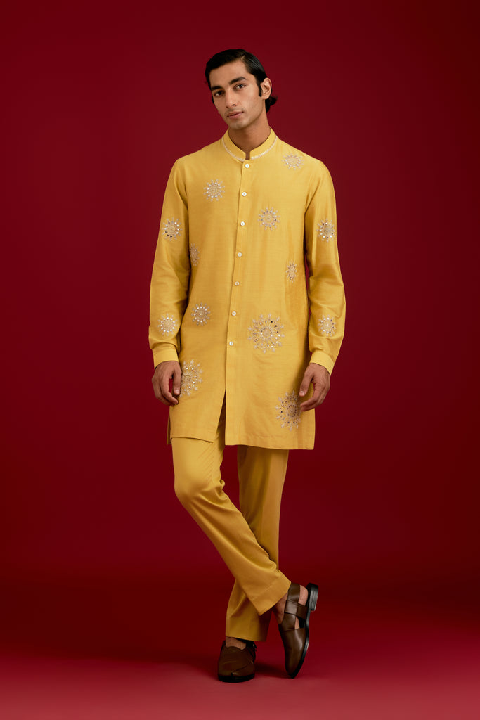 Mustard Cotton Silk Blend embroidered Kurta Set