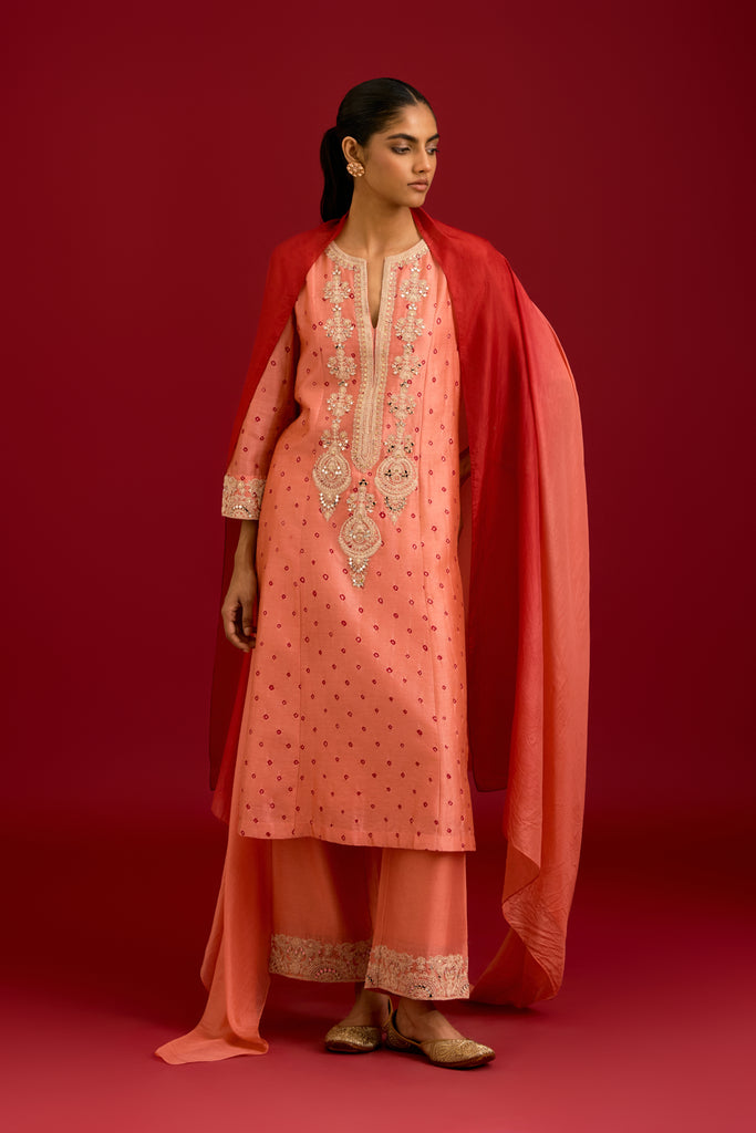 Peach Bhandhej Embroidered Kurta Set
