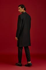 Black Cotton Silk Sherwani Set