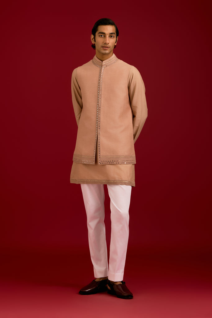 Beige Linen Satin Cotton Silk Blend embroidered  Bundi Set