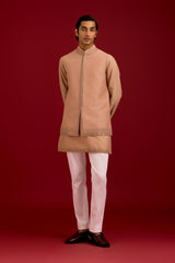 Beige Linen Satin Cotton Silk Blend embroidered Bundi Set
