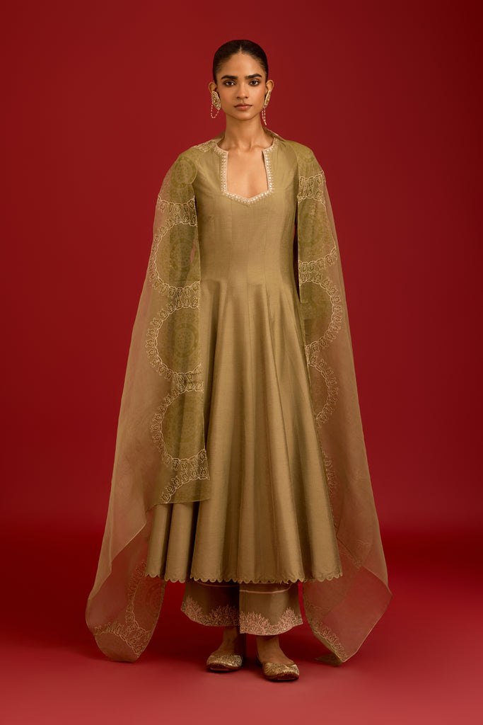 Olive Green Cotton Silk Blend Embroidered Anarkali Set