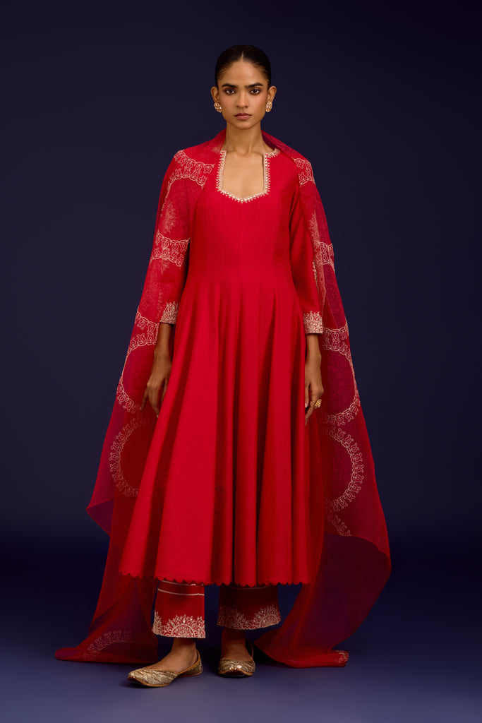 Red Cotton Silk Blend Embroidered Anarkali Set
