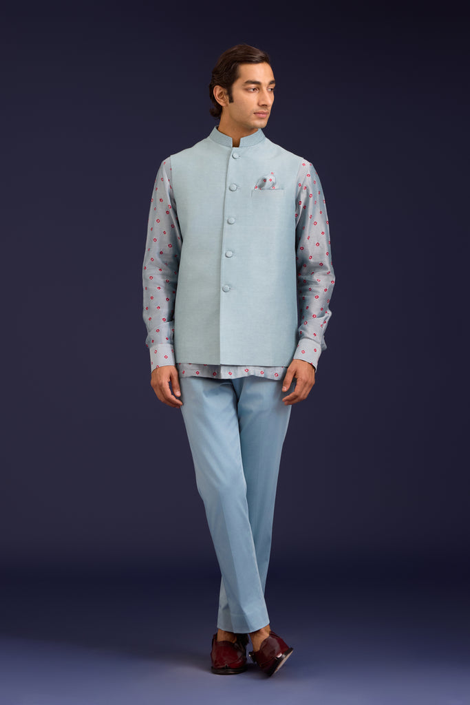 Light Blue Chanderi Bandhej and Linen Satin Bundi Set