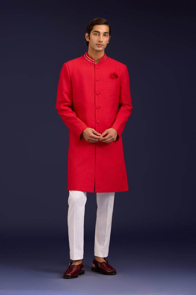 Red Cotton Silk Sherwani Set