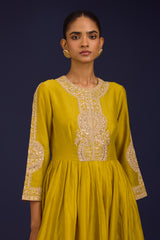 Mustard Silk Chanderi Embroidered Anarkali Set
