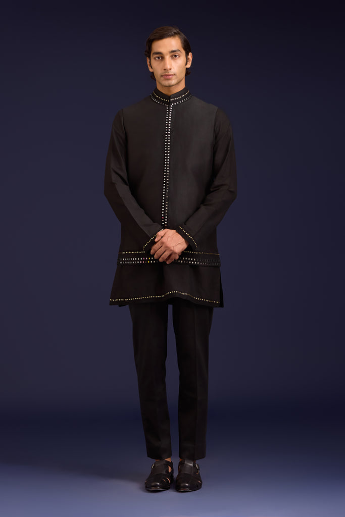 Black Linen Satin and Cotton Silk Blend Bundi Set