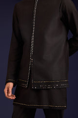 Black Linen Satin and Cotton Silk Blend Bundi Set