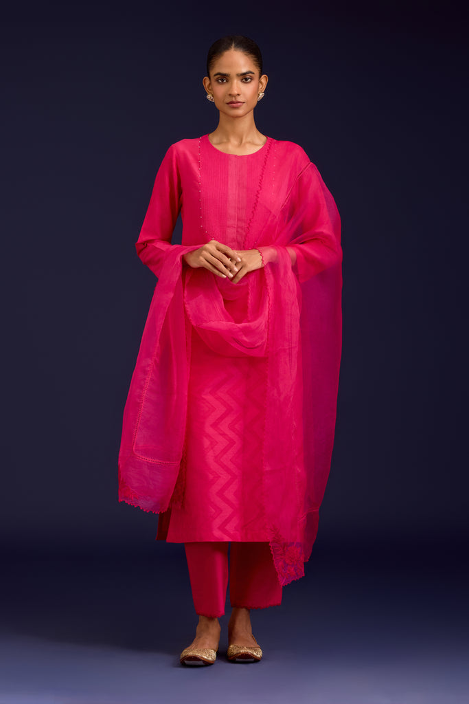 Fuchsia Cotton Silk Blend Block Printed Kurta Set