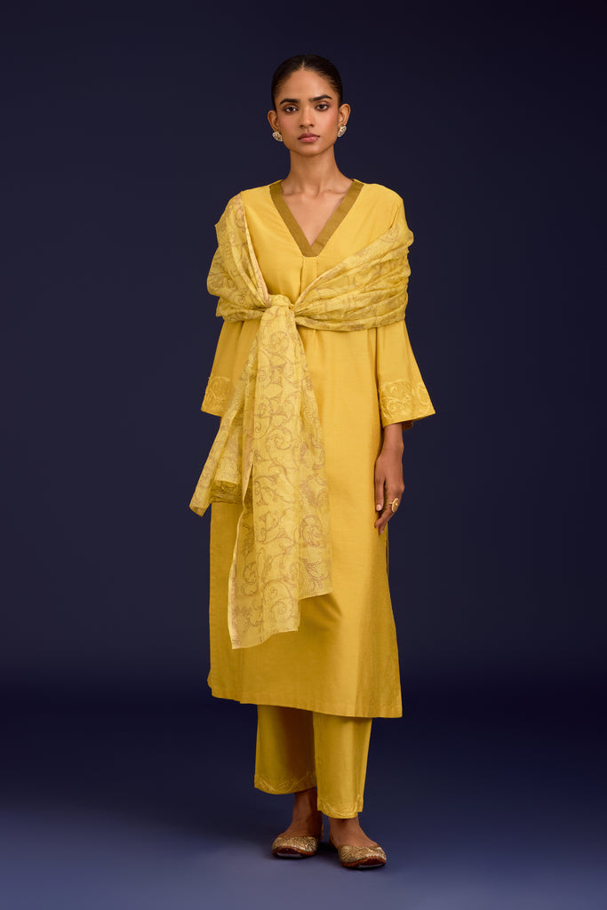 Mustard Cotton Silk Blend Dori Embroidered Kurta Set