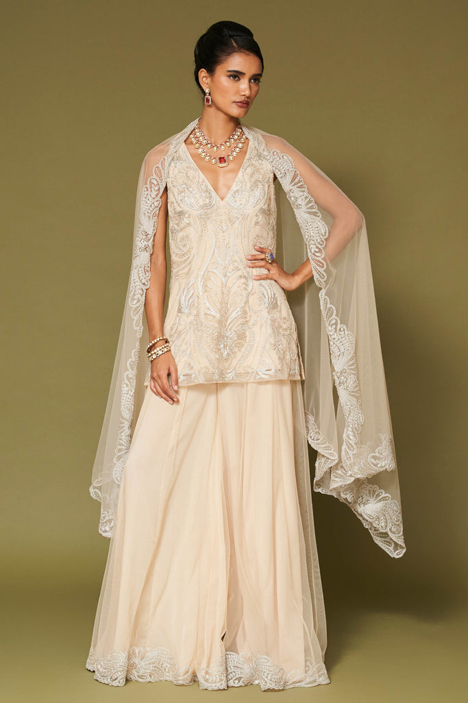 Almond Embroidered Net Sharara Set