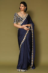 Midnight Navy Embroidered Modal Satin Saree Set