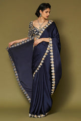 Midnight Navy Embroidered Modal Satin Saree Set