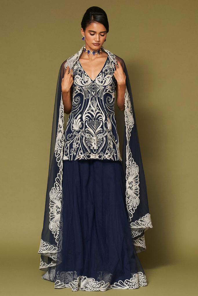 Midnight Navy Embroidered Net Sharara Set