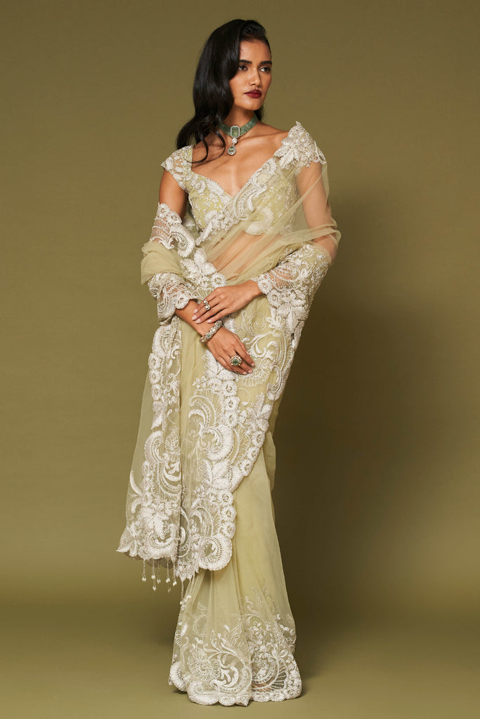 Pistachio Embroidered Net Saree Set