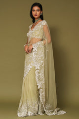 Pistachio Embroidered Net Saree Set