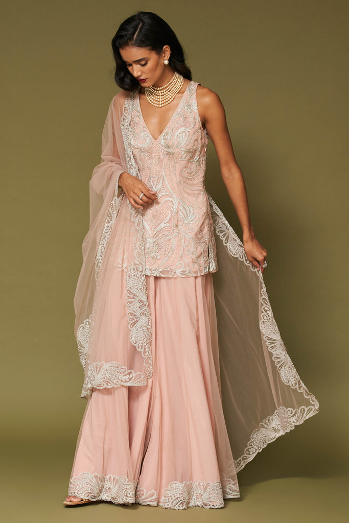 Blush Pink Embroidered Net Sharara Set