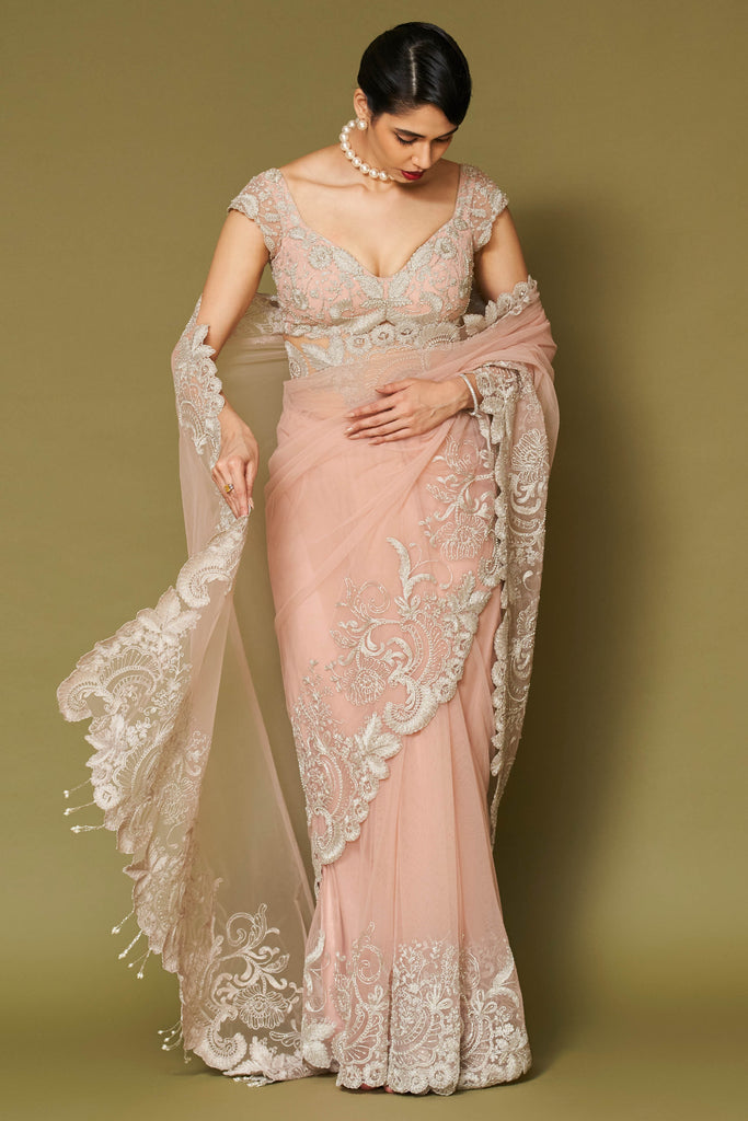 Blush Pink Embroidered Net Saree Set