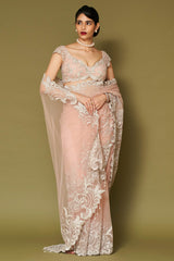 Blush Pink Embroidered Net Saree Set