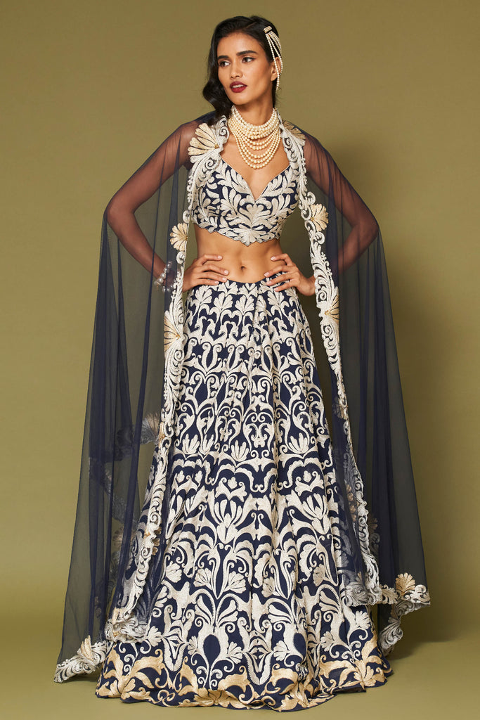 Midnight Navy Embroidered Georgette Lehenga Set