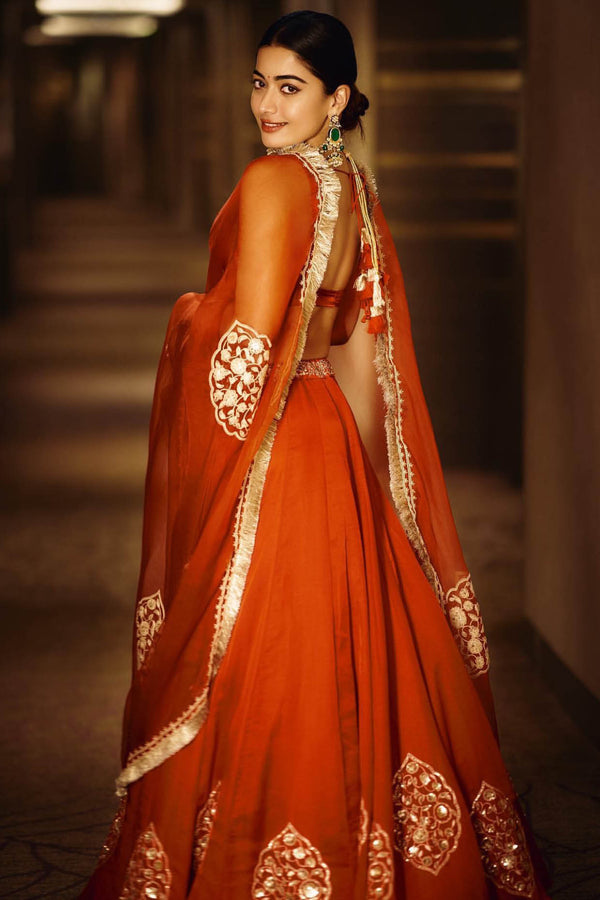 Rashmika Mandanna in Red Dori Embroidered Cotton Silk Lehenga