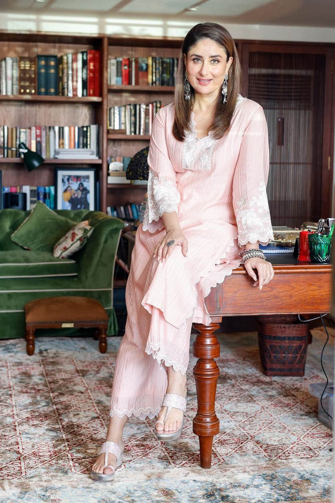 Kareena Kapoor Khan in Blush Pink Embroidered Woven Chanderi Kurta Set