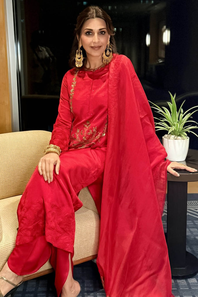Sonali Bendre in Ruby Red Dori and Sequins Embroidered Kurta and Dhoti Set