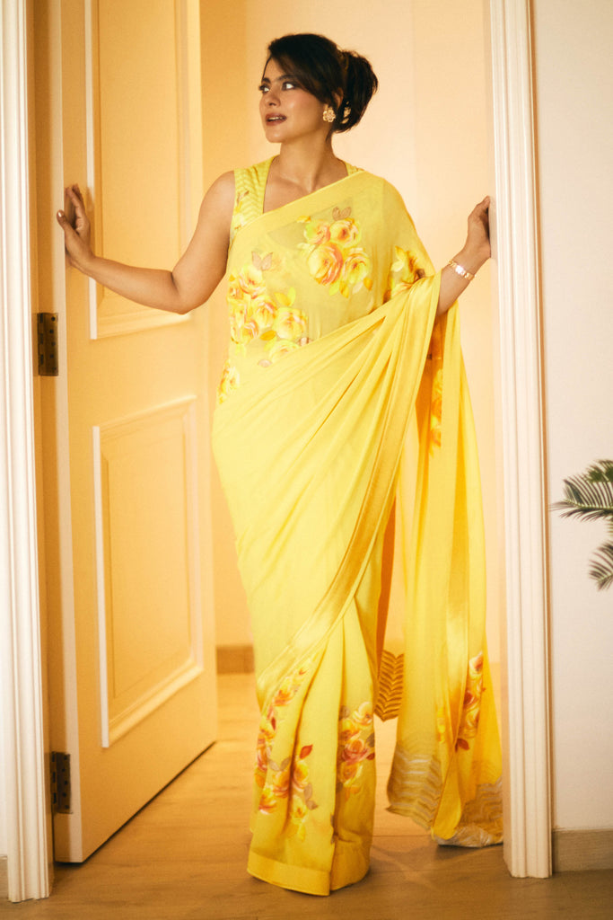 Kajol in Yellow Georgette Hand-Painted Embroidered Saree