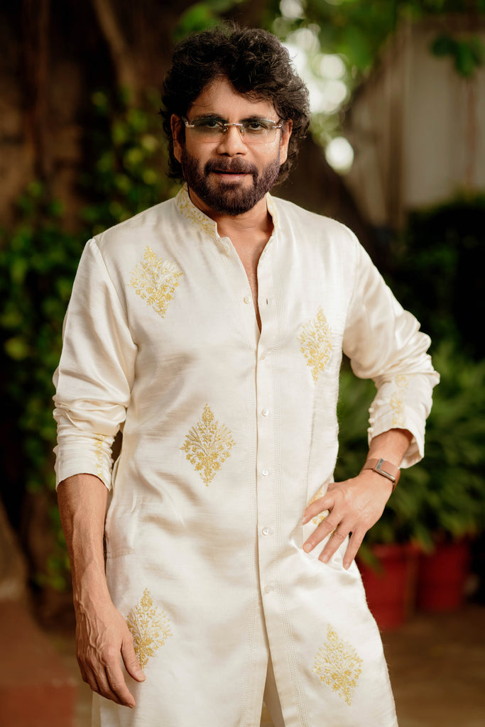 Nagarjuna Akkineni in  Ivory Front-Open Dori Embroidered Kurta Set