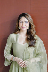 Mrunal Thakur in Olive Green Cotton Silk Blend Embroidered Anarkali Set