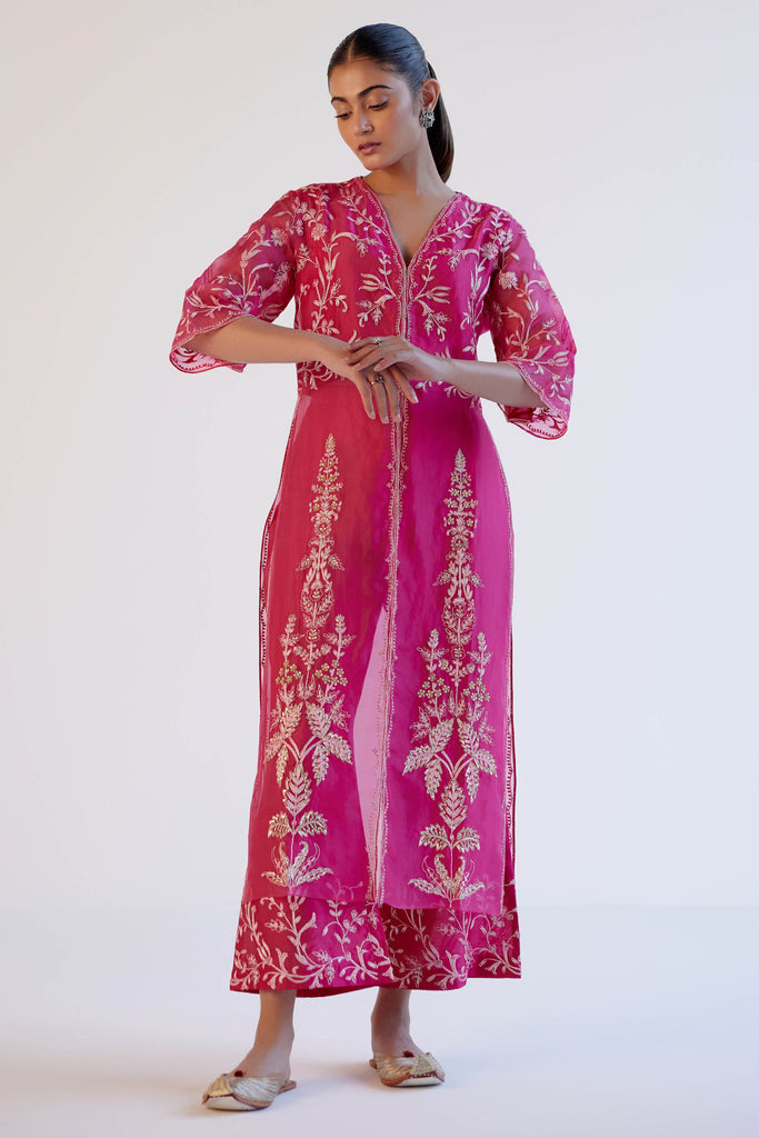 Fuchsia Pink Silk Organza Embroidered Kurta Set
