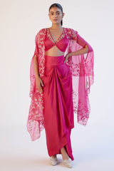 Fuchsia Pink Sequined Cape and Draped Skirt Set