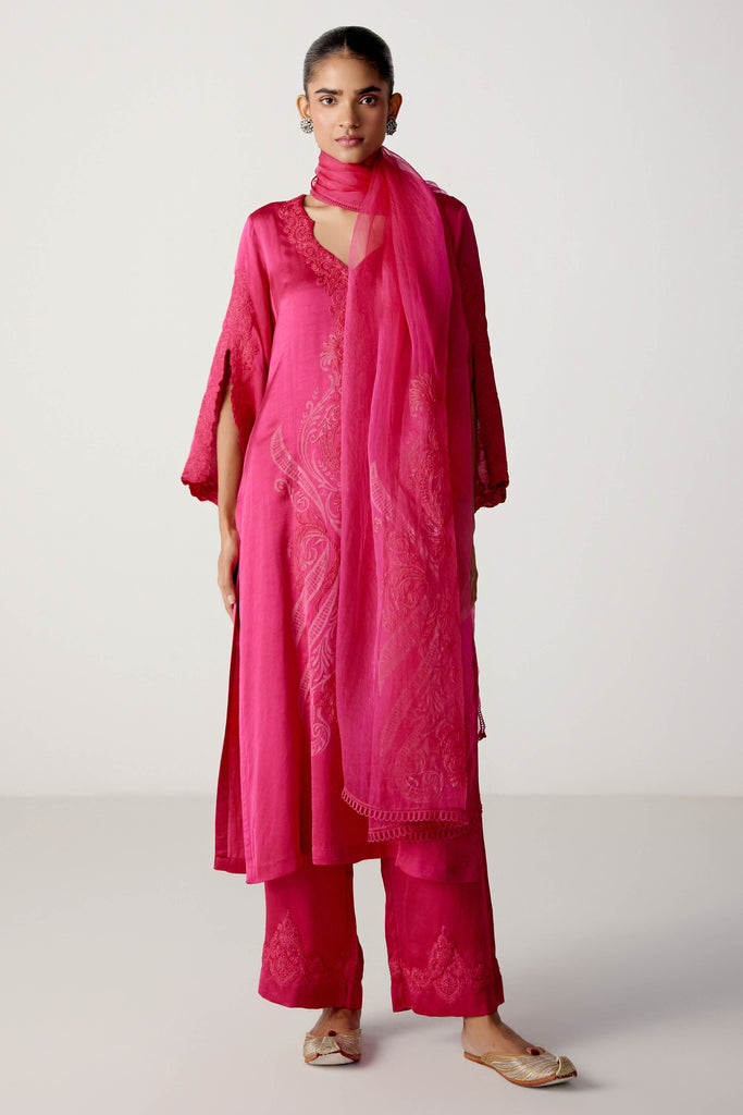 Fuchsia Pink Satin Dori Embroidered Kurta Set