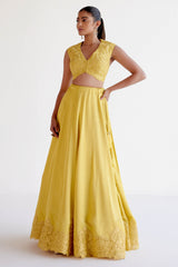 Yellow Embroidered Silk Satin Lehenga