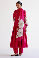 Fuchsia Pink Cotton Silk Blend Hand-Painted Anarkali Set