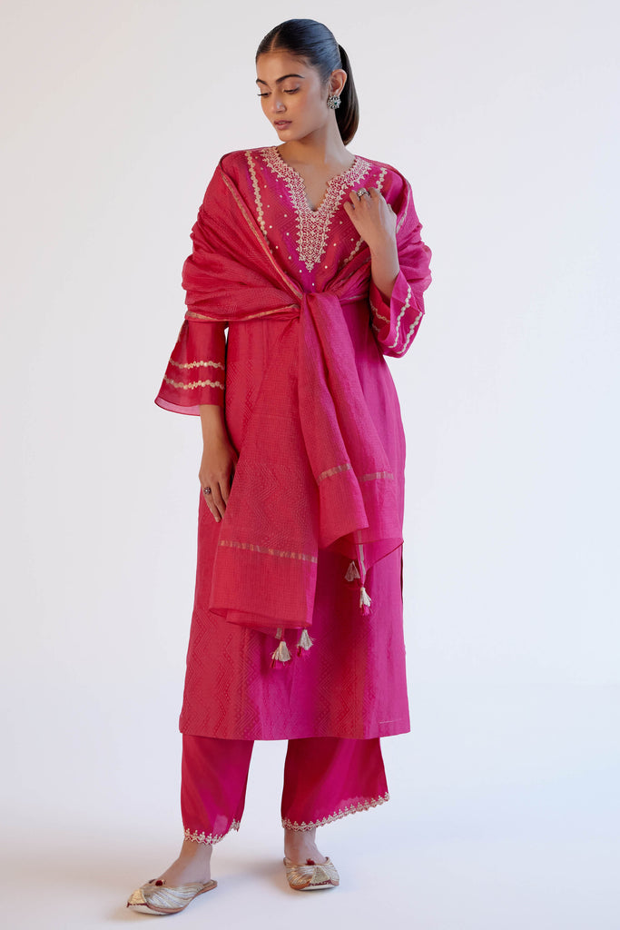 Fuchsia Pink Block Print Embroidered Kurta Set
